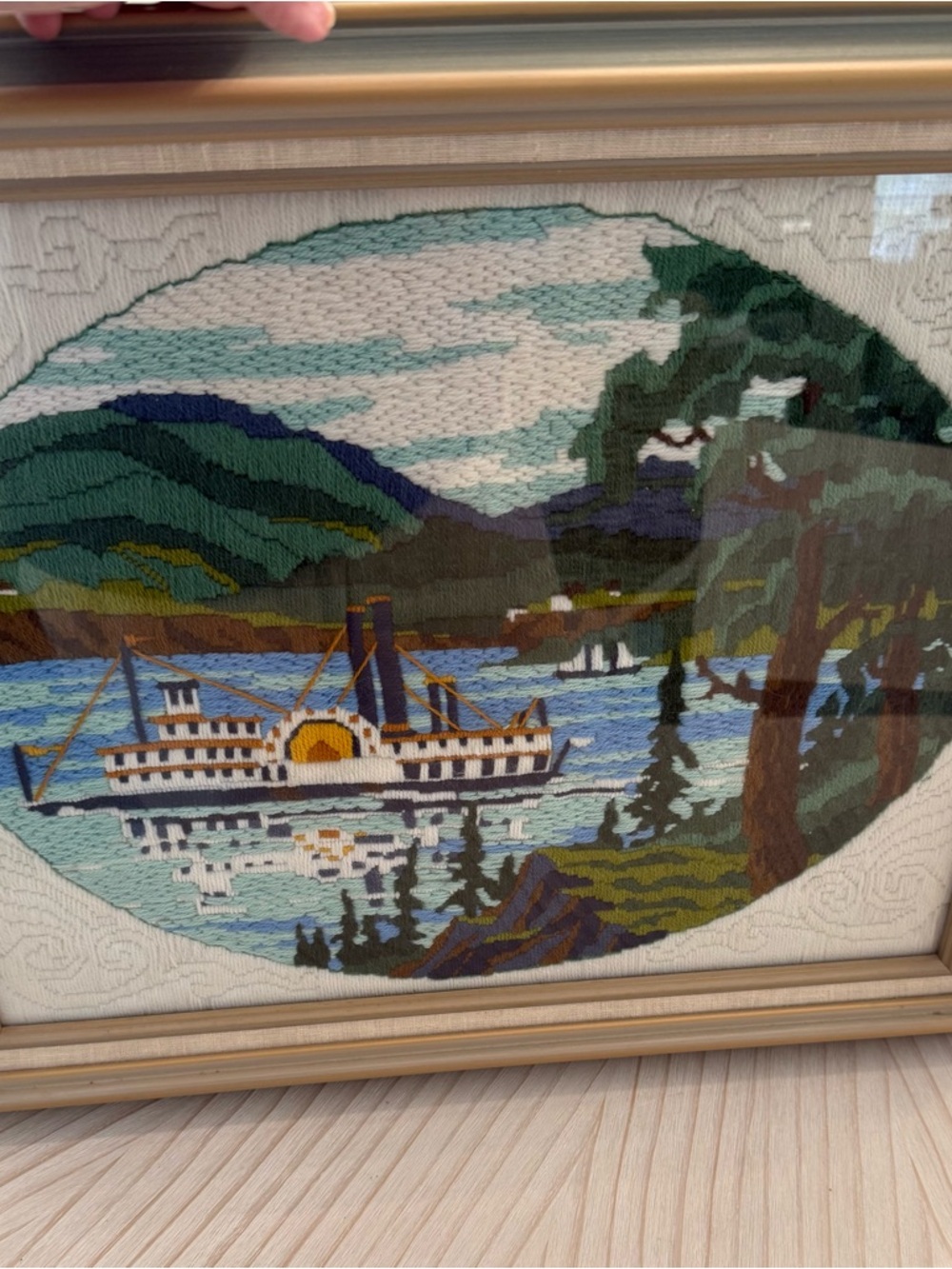Framed Hand Crewel Steamboat Riverboat Art Vintage